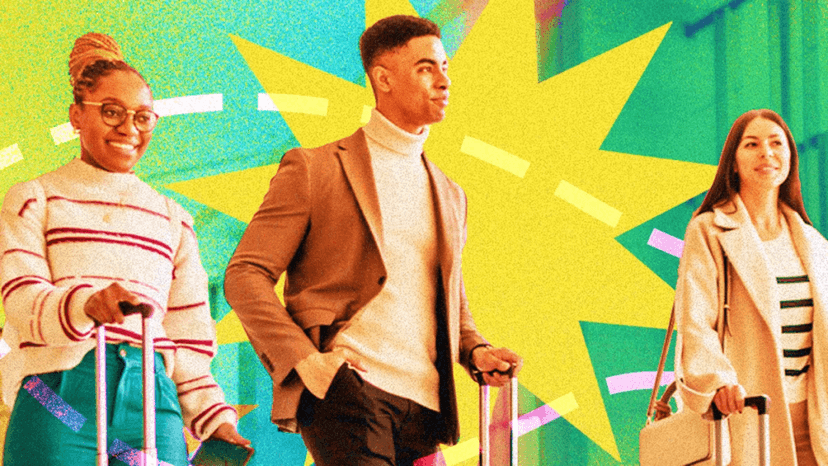 3 people standing in front of a colorful graphic banner all holding onto a roller bag.